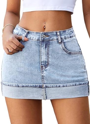 Denim Mini Skirt with Shorts Underneath Women Mid Rise Micr…