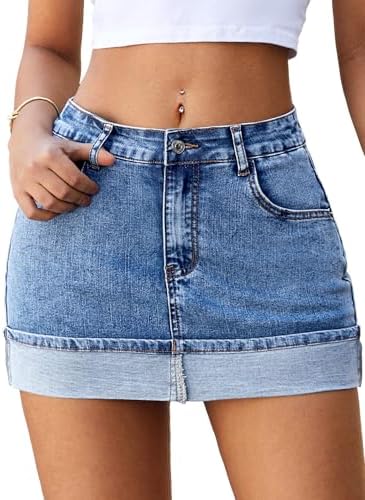 Denim Mini Skirt with Shorts Underneath Women Mid Rise Micr…