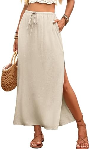 Linen Straight Maxi Skirt with Side Slit & Pocket Beige