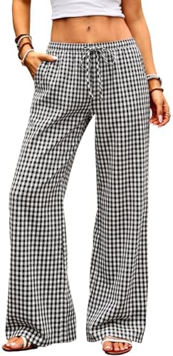 Low Rise Wide Leg Linen Gingham Pants for Women Baggy Palaz…