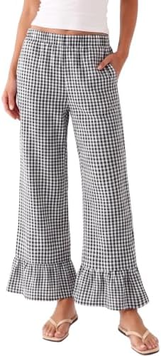 Wide Leg Pants Woman Flowy Casual Palazzo Gingham Pants Cut…