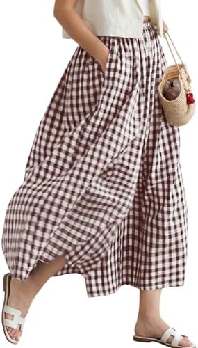 Women’s Cotton Linen Elastic Waist Gingham Pants Brown