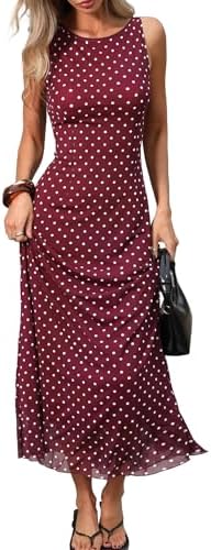 Women’s Polka Dot Maxi Tank Fit Long Dress Burgundy