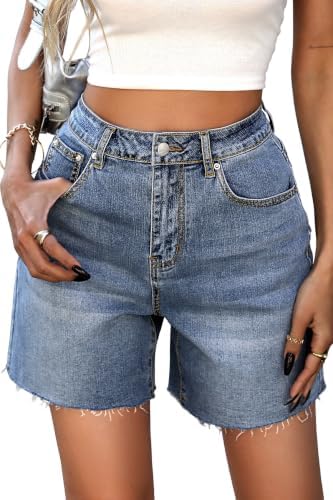 Women's Raw Hem Mom Jean Shorts Blue Denim