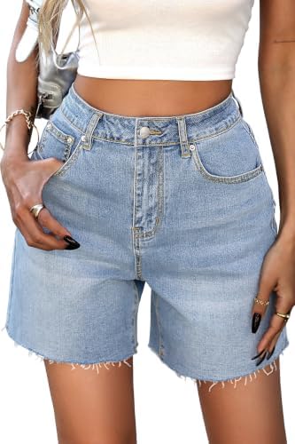 Women's Raw Hem Mom Jean Shorts Light Blue Denim