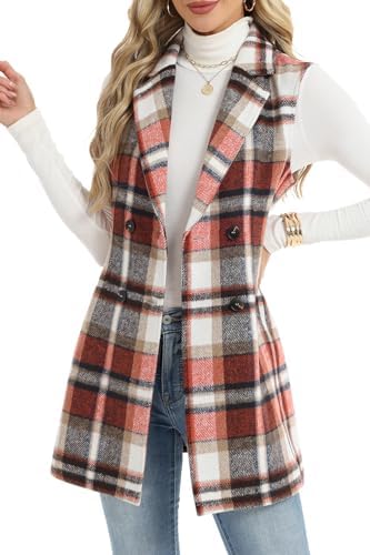 Women's Sleeveless Tweed Plaid Long Vest Brown & Red Plaid