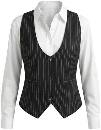 Women‘s U-Neck Plaid Slim Fit Vest Black Stripes