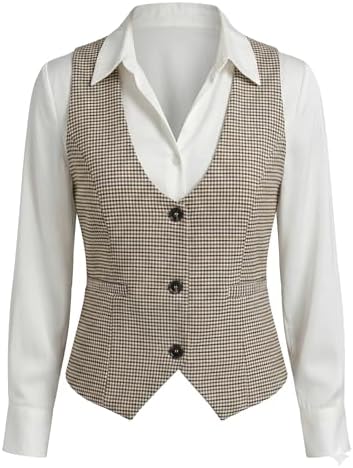 Women‘s U-Neck Plaid Slim Fit Vest Brown Plaid