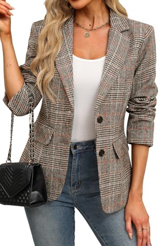 Womens Business Casual Plaid Blazer Work Jackets Brown Plaid