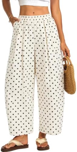 Womens Linen Wide-Leg Ankle Pants Black-White Polka Dots