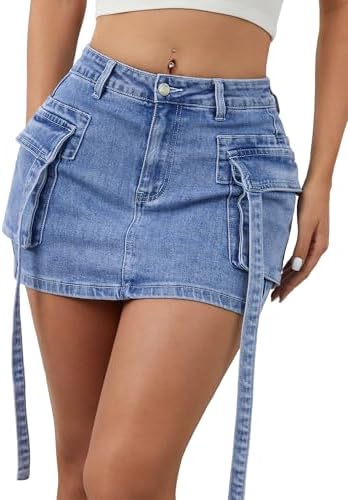 Womens Mini Cargo Jean Skirt with Shorts 3D Flap Pocket Low…