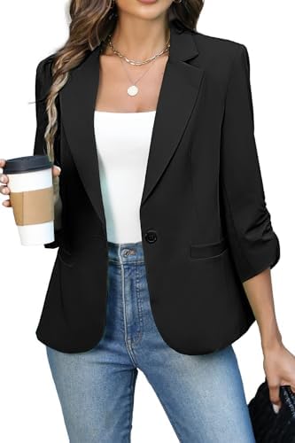 Womens Ruched 3/4 Sleeve Slim Fit Blazer Black