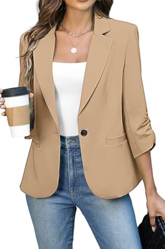 Womens Ruched 3/4 Sleeve Slim Fit Blazer Dark Khaki