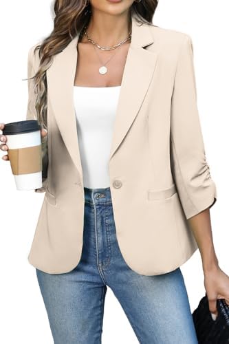 Womens Ruched 3/4 Sleeve Slim Fit Blazer Khaki