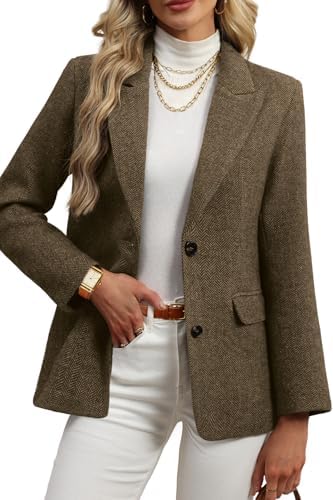 Wool Blend Tweed Blazers for Women Boyfriend Herringbone Fa…